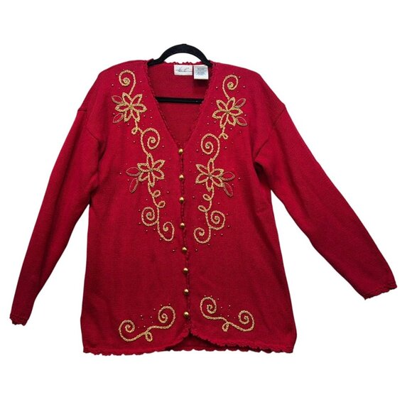 Vintage Kathie Lee Womens Holiday Cardigan Gold Embroidery & Button Accents Larg - Picture 1 of 12